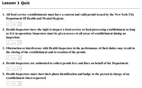 Food handlers test answers nyc. Obstruction or interference with Health Inspectors in the performance of their duties may result in the closing of the establishment and revocation of the permit. True. Health … 