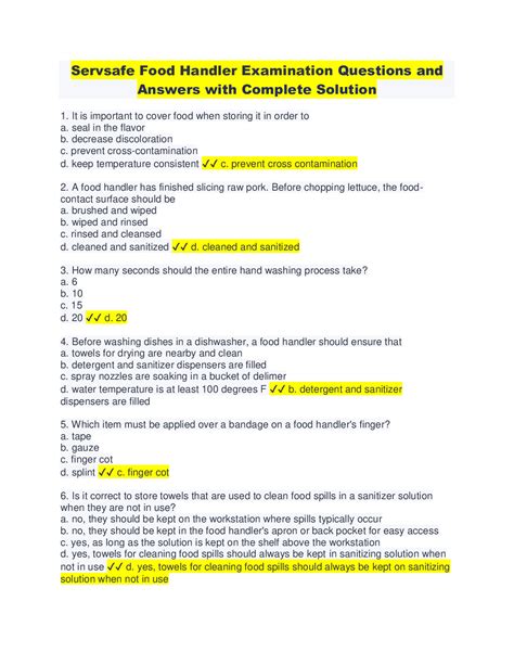 Food handling final exam answers. Free Food Handler Practice Test (With Answers) - FoodSafePal. Answers 1. A. Scrape off food Here are the proper steps for using a three-compartment sink: Scrape off or rinse away any leftover food on the dishes. In the first sink, use warm (110ºF / 43ºC), soapy water and a brush to remove oil and other food particles. 