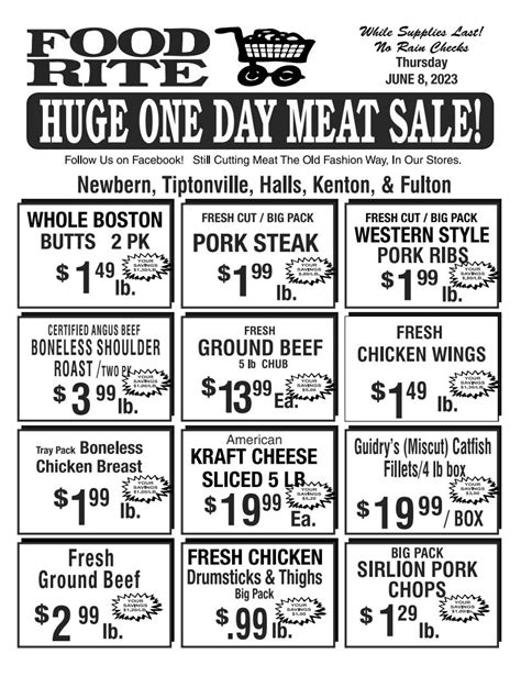 Food Rite - Somerville (Somerville, TN) April 11, 2022 ·. ‼️ HUGE ONE DAY MEAT SALE ‼️. 🛒 Thursday - April 14, 2022 ONLY 🛒. While Supplies Last! No Rain Checks! #foodrite. #shoplocal.. 
