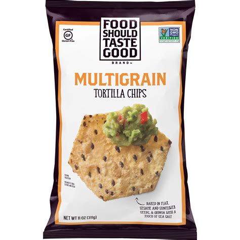 Food should taste good. Food Should Taste Good Black Bean Tortilla Chips. Serving size: 10 chips 130kcal 16g carbohydrates, 4g fiber 4g protein 6g fat, 0.5g saturated 80mg sodium. Another higher fiber chip for the win, thanks to the black beans, flaxseed, and quinoa. These tortilla chips are gluten free, low in sodium and taste great … 