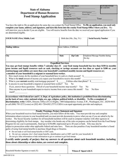 Food stamp application for alabama. Fill Out Food Stamp Application Alabama. In order to receive food stamps in Alabama, there are a few requirements that must be met. The first is that the applicant must be a U.S. citizen or have been lawfully admitted for permanent residency. Additionally, the household income must fall at or below 130% of the federal poverty line. 