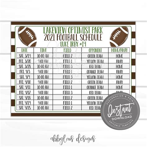 Football Schedule Template Free