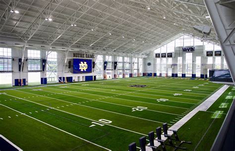 Football indoor practice facility. Notre Dame's new 111,400-square-foot Irish Indoor Athletics Center, which will serve as an indoor practice facility for the football and men’s and women’s soccer programs, opened in July 2019. ... 
