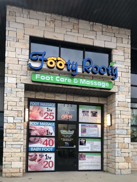 Footy rooty. Footy Rooty Louisville OPEN NOW 5919 Timber Ridge Prospect in Kroger Center, Call (502)413-7550 or just walk straight in 30min foot massage $25. 10am-10pm 1 hr deluxe (foot&body) $45. 7 days a week 1 hr body massage $60. No appt needed 90min deluxe (foot&body)$69 www.footyrooty ... 