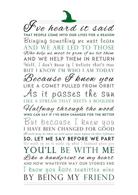 For good by wicked lyrics. Jul 6, 2023 · Among the many iconic songs of Wicked: The Untold Story of the Witches of Oz, “For Good” stands out as a powerful and moving piece. The song, performed by Idina Menzel and Kristin Chenoweth, marks a pivotal moment in the relationship between Elphaba and Glinda, two witches who started as reluctant roommates and ended up becoming dear friends. 