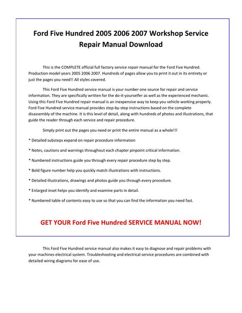 Ford five hundred 2005 2007 repair service manual. - Behandlung von verhaltensproblemen bei hund und katze.