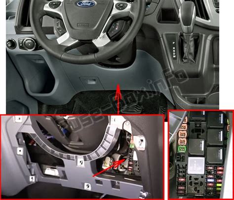 Ford Transit - fuse box diagram - location (left-hand drive) Right-hand drive. Ford Transit - fuse box diagram - location (right-hand drive) A - Pre-fuse box. B - Standard relay box. C - Passenger compartment junction box. D - Engine compartment junction box.. 
