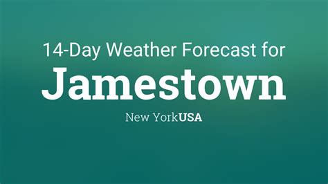 Forecast for jamestown new york. New York, United States Of America. The next 14 day outlook for Jamestown shows the average daytime maximum temperature will be around 18°C, with a high for the two weeks of 23°C expected on the afternoon of Friday 3rd. The average minimum temperature will be 9°C, dipping to its lowest on the morning of Monday 6th at 3°C. 