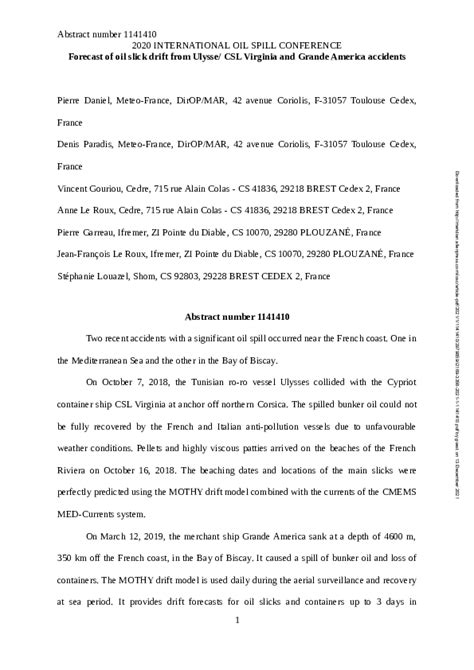 Forecast of oil slick drift from Ulysse/ CSL Virginia and Grande ...