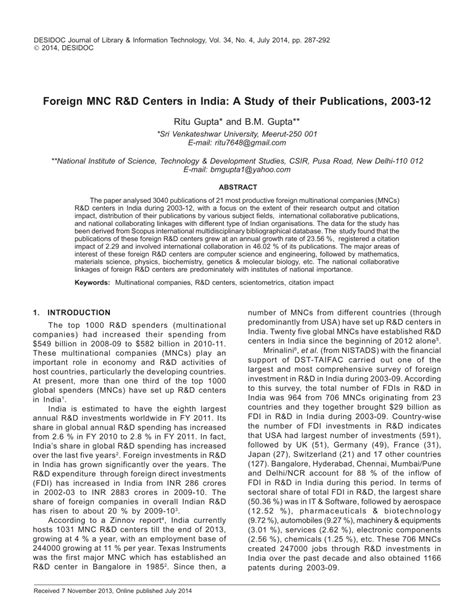 Foreign MNC R&D Centers in India: A Study of their Publications, …