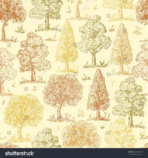 Forest Background Deciduous Trees Seamless Pattern Hand Drawn Tree