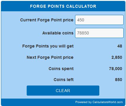 Forge point calculator. GB Points Calculator ; Forge Point Calculator ; Great Buildings Finder ; New worlds added. I have went through and updated all the servers, so the following worlds should begin to show data starting with today's updates: FR19. DE16, DE17, DE18. PT4. RU13. CZ5. HU4. Sorry it took so long to get these worlds online, in the future I will try to ... 