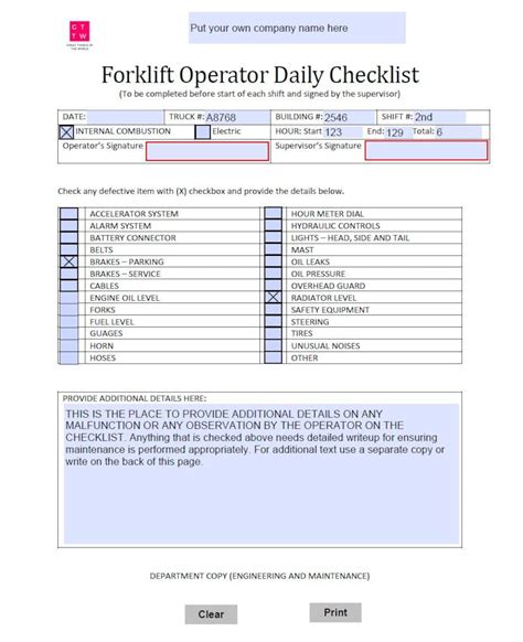 Forklift Operator Daily Checklist Printable Fillable Etsy