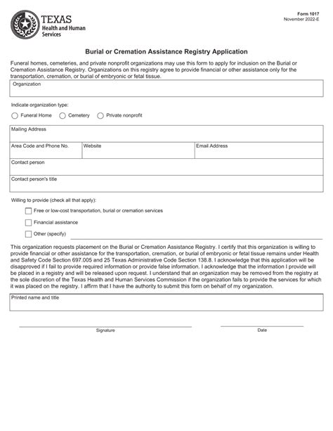 Form 1017 burial or cremation assistance registry application.  Professionally drafted ...