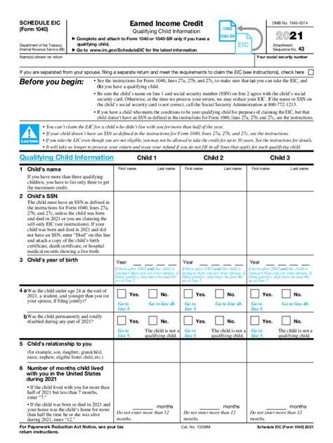 Form 1040 Schedule EIC Earned Credit 2021 Tax Forms 1040 Printable