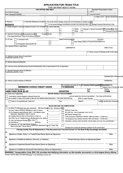 fety inspection station that will complet e a Texa s Vehicl Inspection Report. Thi form must besubmitted to acounty tax assessor-collector with your r registration and Texas title. Form 130-U Rev 02/22. Form available online at www.TxDMV.gov Page 2 of 2. 