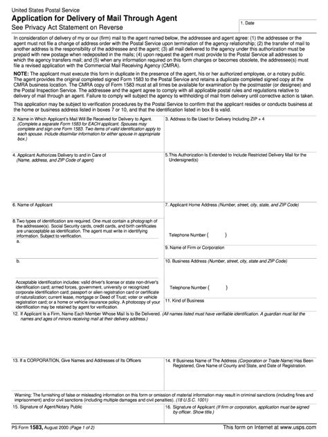 File Form 1583. After signing up, you will be assigned a personal mailbox number and receive instructions on how to upload the simple, one-page USPS Form 1583 that authorizes your digital mailbox location to receive mail on your behalf. You will also submit two forms of ID. iPostal1 makes this process easy. Redirect Your Mail.. 