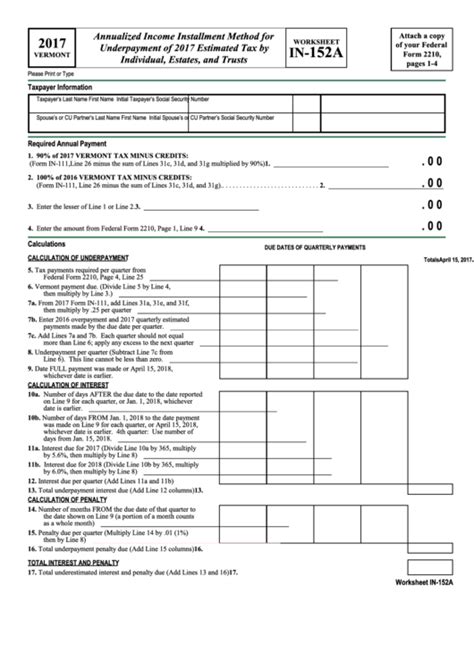 Form 2210 Worksheet In152a Annualized Installment Method