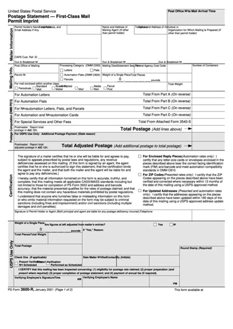Form 3600R Postage Statement FirstClass Mail Permit Imprint