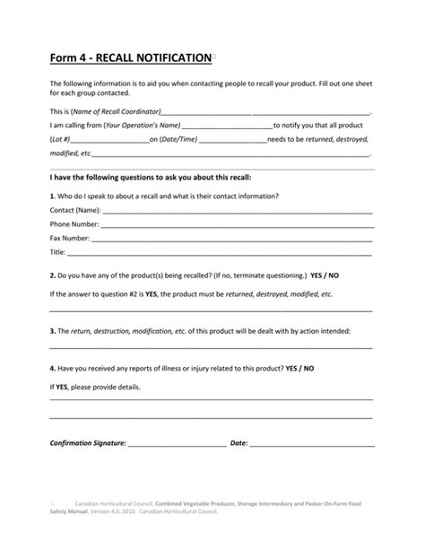Form 4 RECALL NOTIFICATION