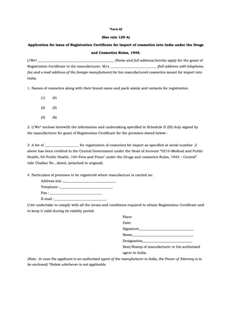 Form 42 Application Form For Issue Of Registration Certificate For
