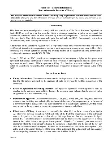 Form 425 - Restriction on the Transfer of Shares