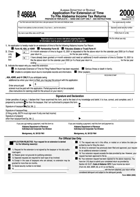 Form 4868a Application For Extension Of Time To File Alabama