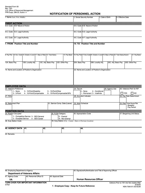 Form 50. Check the Standard Form 50 (SF-50) Notification of Personnel Action. This is a legal binding document for the government used to document employment history. It includes the employee’s grade, occupation, salary, tenure, retirement plan, Veterans’ Preference, and remarks specific to the appointment, to name a few. 
