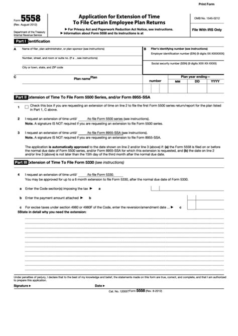 Form 5558 Application For Extension Of Time To File Certain Employee