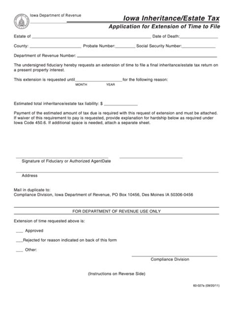 Form 60027 Iowa Inheritance/estate Tax Application For Extension