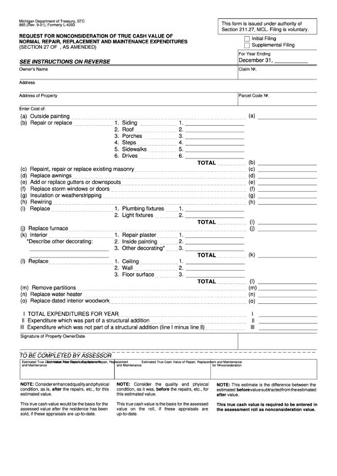 Form 865 Request For Nonconsideration Of True Cash Value Of Normal