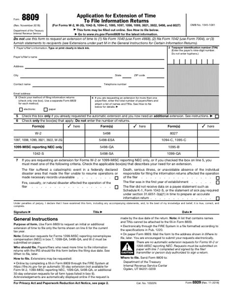 Form 8809 Application for Extension of Time to File Information