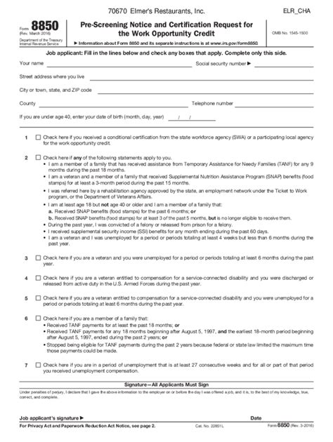Form 8850PreScreening Notice and Certification Request