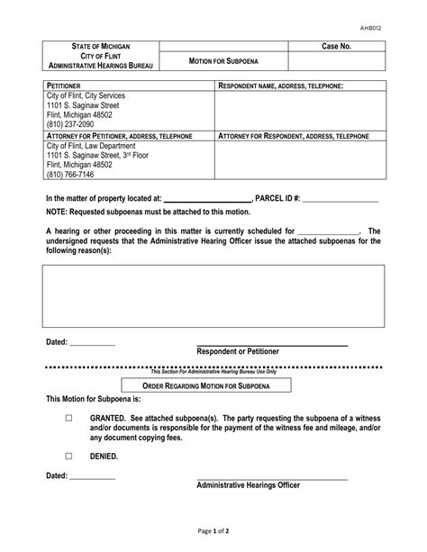 Form AHB012 Download Fillable PDF or Fill Online Motion for Subpoena