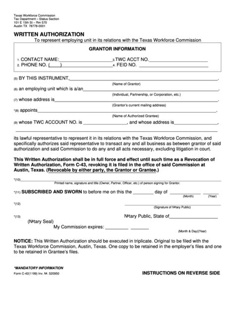 Form C42 Written Authorization To Represent Employing Unit In Its