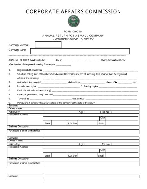 Form CAC10 Annual Return for a Small Company - Nigeria