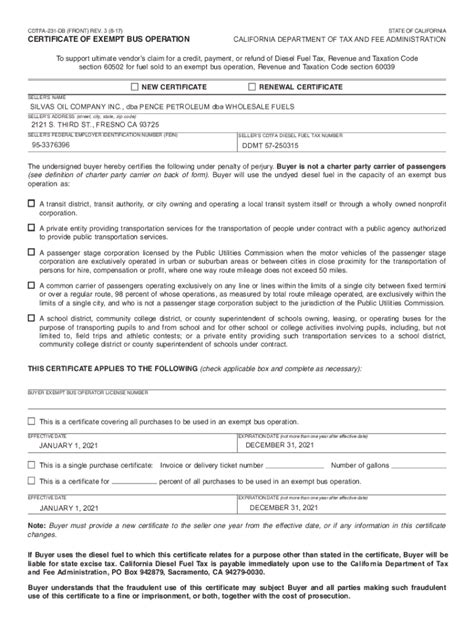 Form CDTFA231DB Download Printable PDF, CERTIFICATE OF EXEMPT BUS