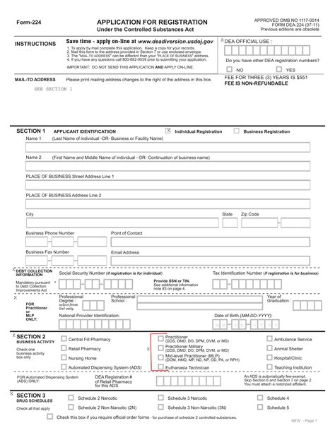 Form DEA Form 224 DEA Form 224 Registration for Application OMB 11170014