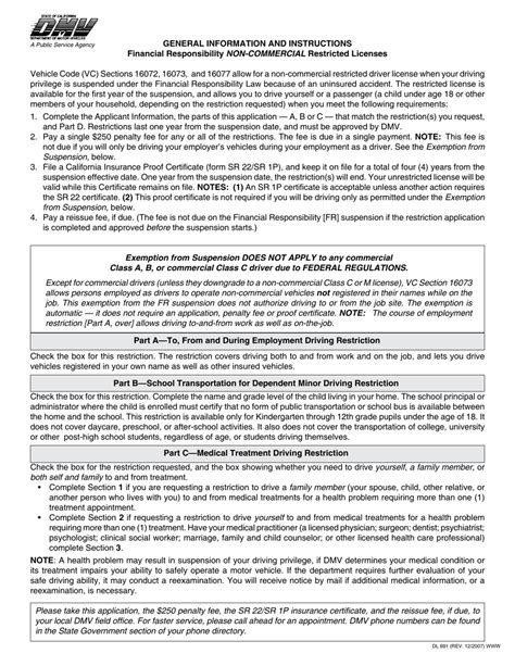 Form DL691 Download Fillable PDF or Fill Online Application for Restricted Driver