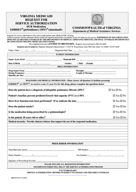 Form DmasP219 Virginia Medicaid Request For Service Authorization