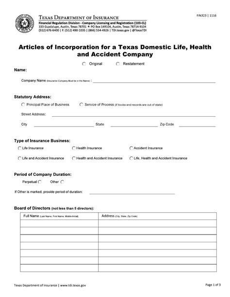 Form FIN323 Download Fillable PDF or Fill Online Articles of
