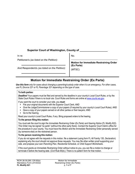 Form FL Modify621 Download Printable PDF or Fill Online Motion for Immediate Restraining Order