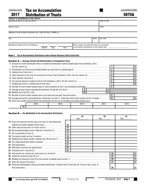Form FTB 5870A Download Fillable PDF 2017, Tax on Accumulation