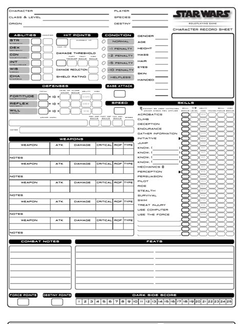 Form Fillable Pdf Character Sheet Saga Edition D20 Printable Forms