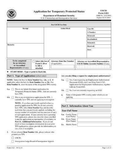Form I821 Application for Temporary Protected Status USA