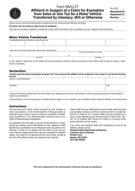 Form Mvu22 Affidavit In Support Of A Claim For Exemption From Sales