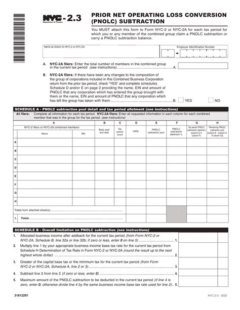 Form NYC2.3 Download Printable PDF or Fill Online Prior Net Operating