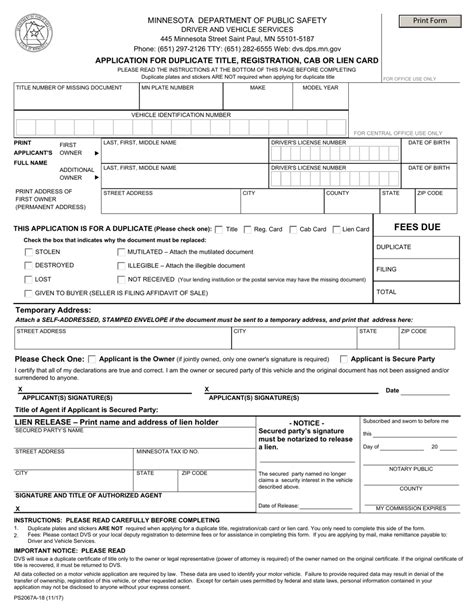 Form PS2067A: Minnesota Application for Duplicate Title, …