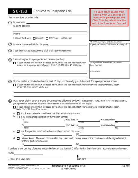 Form SC150 Download Fillable PDF or Fill Online Request to Postpone