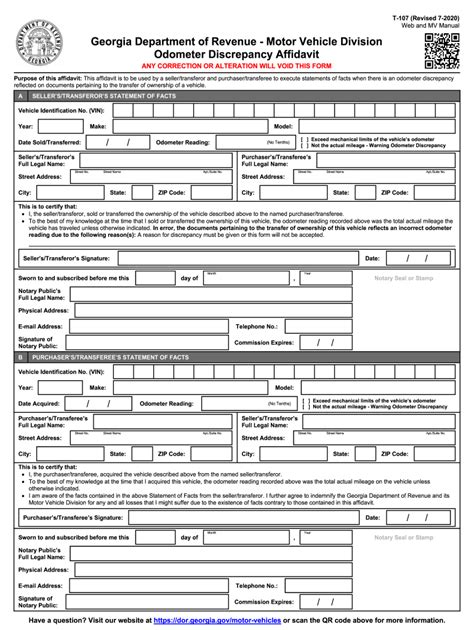 Form T107 Odometer Discrepancy Affidavit Fill and Sign Printable